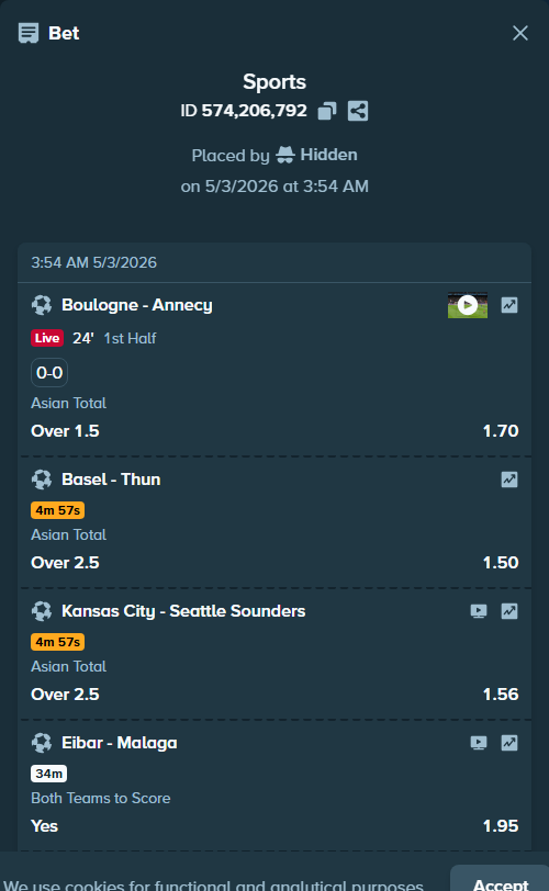 Bet slip: Eibar - Malaga, $15,000.00 stake at 1.95 odds, placed by Hidden