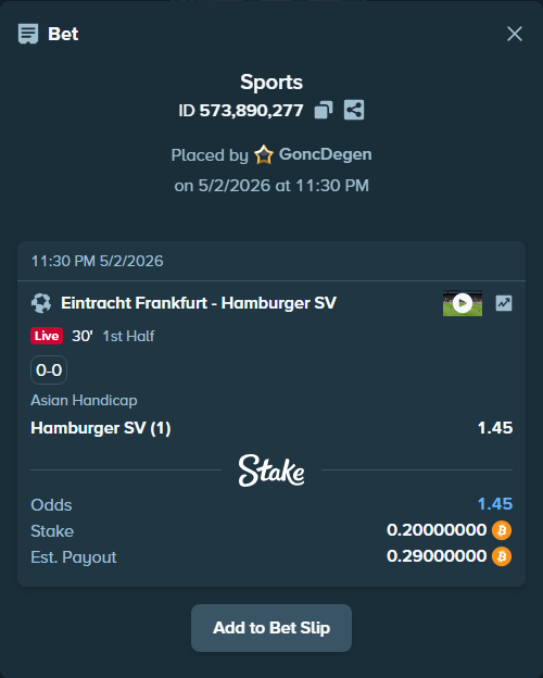 Bet slip: Eintracht Frankfurt - Hamburger SV, $14,000.00 stake at 1.45 odds, placed by GoncDegen