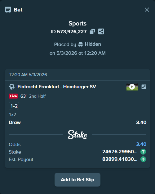 Bet slip: Eintracht Frankfurt - Hamburger SV, $24,676.30 stake at 3.40 odds, placed by Hidden