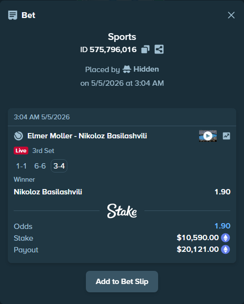Bet slip: Elmer Moller - Nikoloz Basilashvili, $15,689.62 stake at 1.90 odds, placed by Hidden