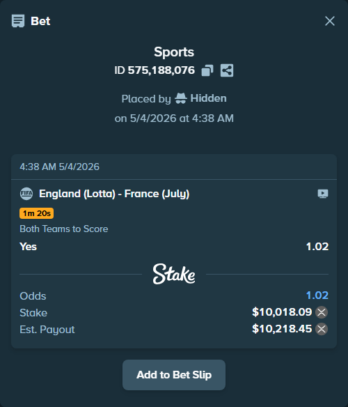 Bet slip: England (Lotta) - France (July), $17,954.92 stake at 1.02 odds, placed by Hidden