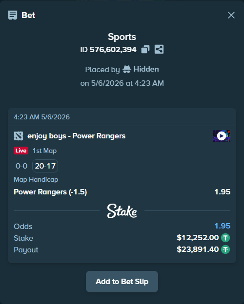 Bet slip: enjoy boys - Power Rangers, $12,252.00 stake at 1.95 odds, placed by Hidden