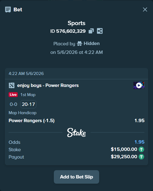 Bet slip: enjoy boys - Power Rangers, $15,000.00 stake at 1.95 odds, placed by Hidden