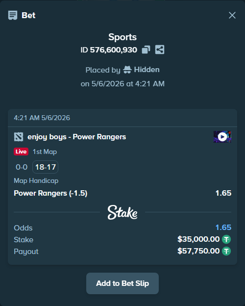 Bet slip: enjoy boys - Power Rangers, $35,000.00 stake at 1.65 odds, placed by Hidden