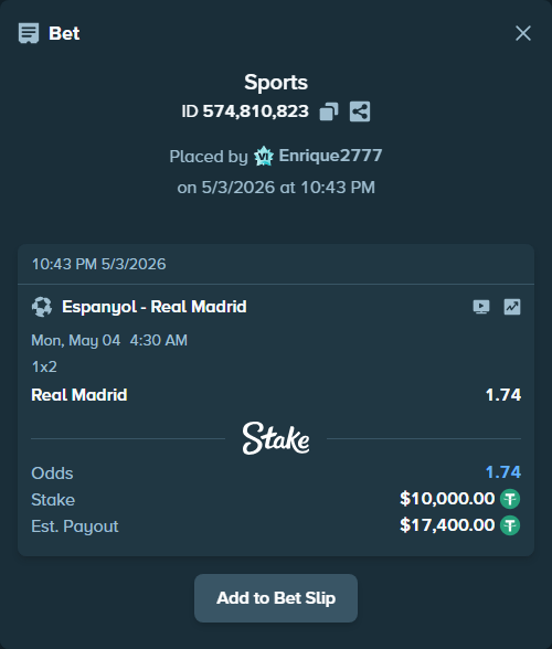 Bet slip: Espanyol - Real Madrid, $10,000.00 stake at 1.74 odds, placed by Enrique2777