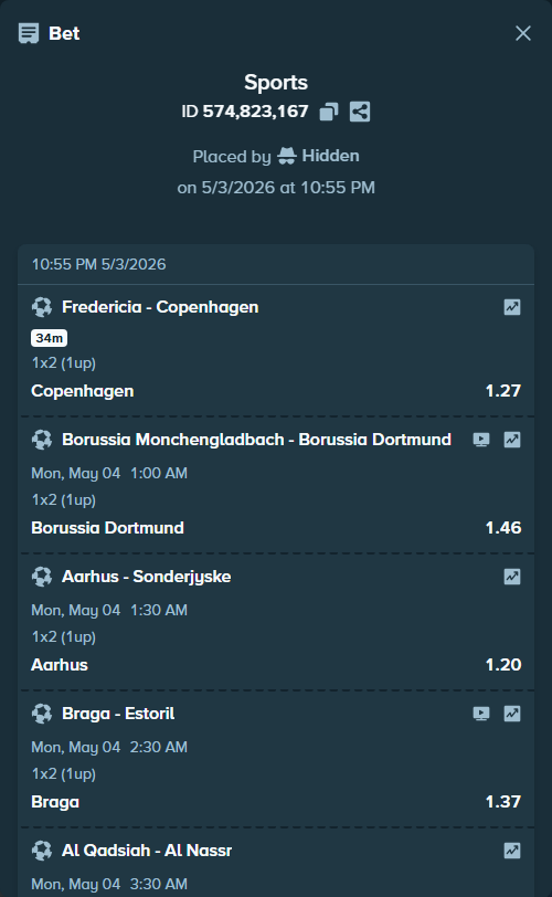 Bet slip: Espanyol - Real Madrid, $10,000.00 stake at 1.38 odds, placed by Hidden