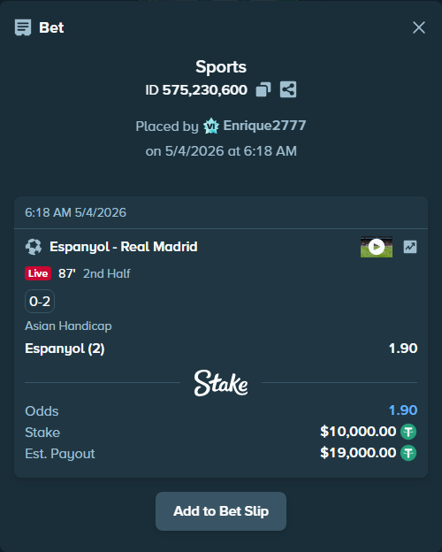 Bet slip: Espanyol - Real Madrid, $10,000.00 stake at 1.90 odds, placed by Enrique2777