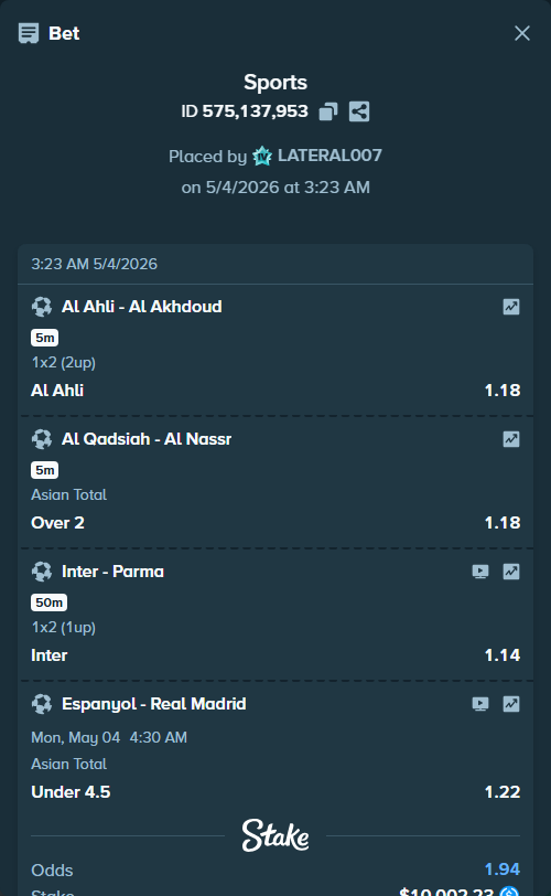 Bet slip: Espanyol - Real Madrid, $10,002.23 stake at 1.22 odds, placed by LATERAL007