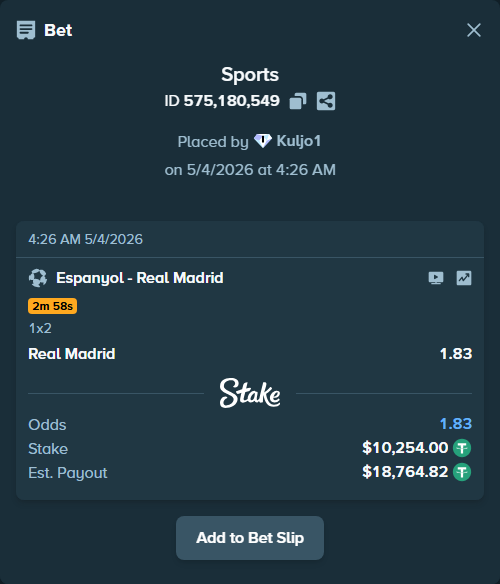 Bet slip: Espanyol - Real Madrid, $10,254.00 stake at 1.83 odds, placed by Kuljo1