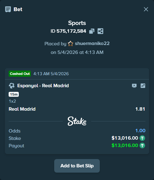 Bet slip: Espanyol - Real Madrid, $13,016.00 stake at 1.81 odds, placed by shuermaniko22