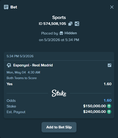 Bet slip: Espanyol - Real Madrid, $150,000.00 stake at 1.60 odds, placed by Hidden