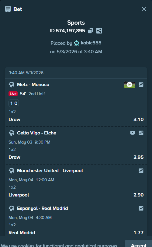 Bet slip: Espanyol - Real Madrid, $15,968.37 stake at 1.77 odds, placed by kabic555