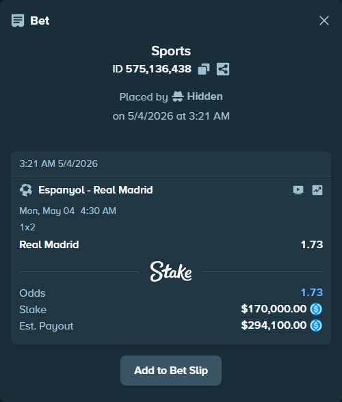 Bet slip: Espanyol - Real Madrid, $170,000.00 stake at 1.73 odds, placed by Hidden