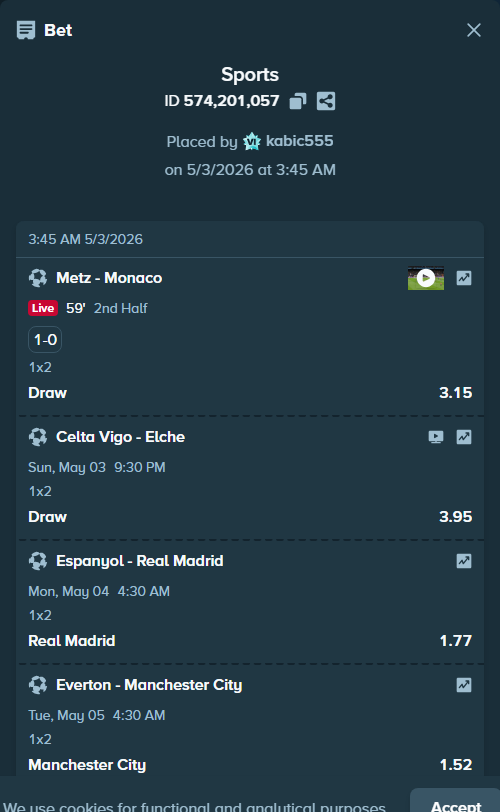 Bet slip: Espanyol - Real Madrid, $21,637.97 stake at 1.77 odds, placed by kabic555