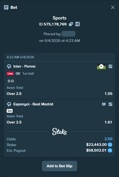 Bet slip: Espanyol - Real Madrid, $23,443.00 stake at 1.61 odds, placed by JDKING23