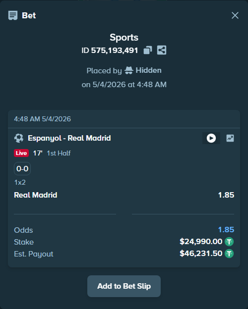 Bet slip: Espanyol - Real Madrid, $24,990.00 stake at 1.85 odds, placed by Hidden