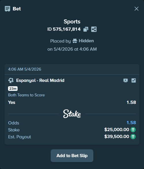 Bet slip: Espanyol - Real Madrid, $25,000.00 stake at 1.58 odds, placed by Hidden