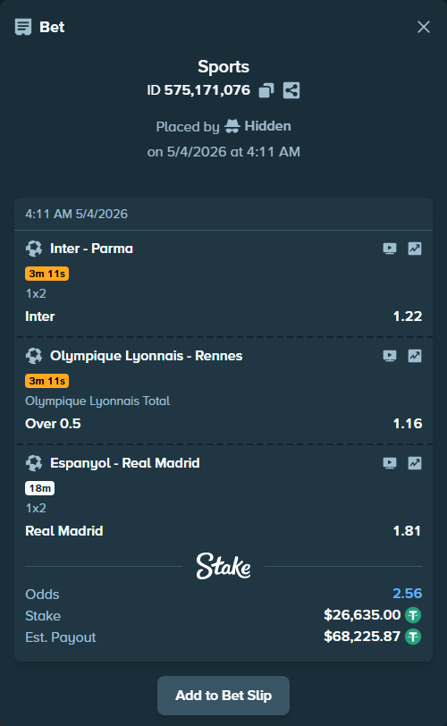 Bet slip: Espanyol - Real Madrid, $26,635.00 stake at 1.81 odds, placed by Hidden