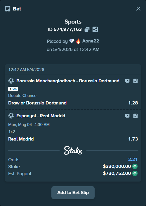 Bet slip: Espanyol - Real Madrid, $330,000.00 stake at 1.73 odds, placed by Aone22