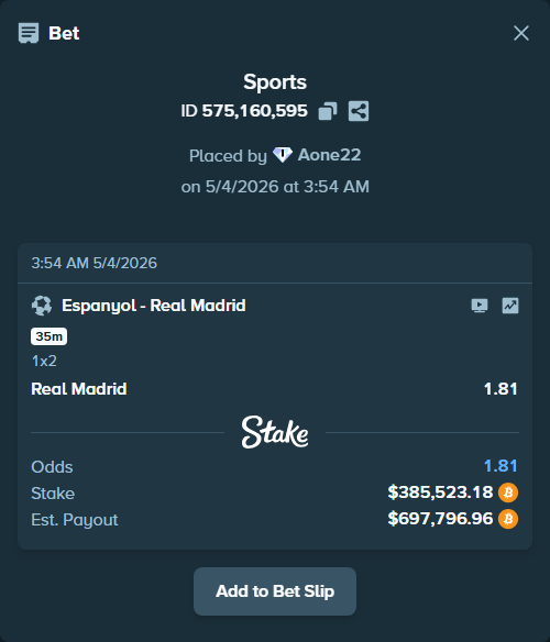 Bet slip: Espanyol - Real Madrid, $343,000.00 stake at 1.81 odds, placed by Aone22