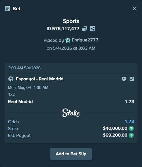 Bet slip: Espanyol - Real Madrid, $40,000.00 stake at 1.73 odds, placed by Enrique2777
