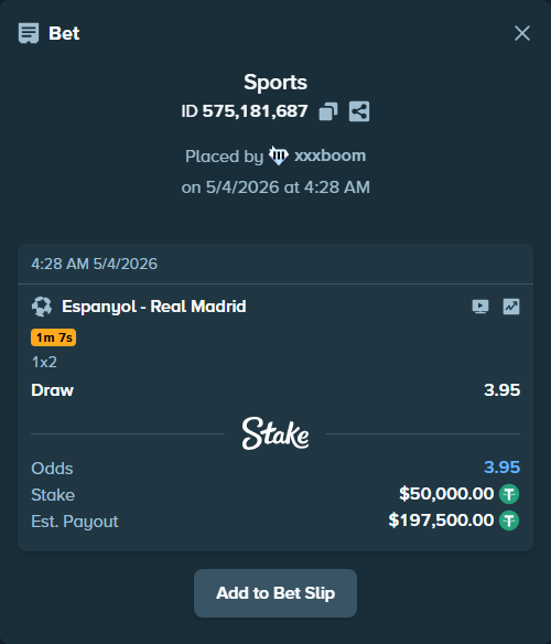 Bet slip: Espanyol - Real Madrid, $50,000.00 stake at 3.95 odds, placed by xxxboom