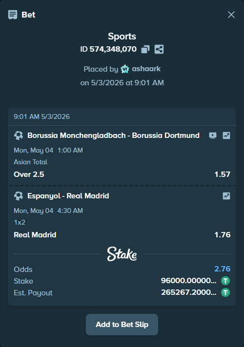 Bet slip: Espanyol - Real Madrid, $96,000.00 stake at 1.76 odds, placed by ashaark