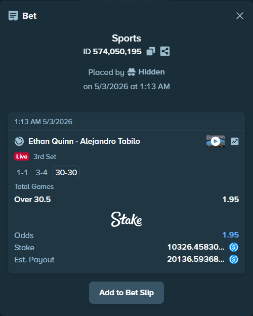 Bet slip: Ethan Quinn - Alejandro Tabilo, $10,326.46 stake at 1.95 odds, placed by Hidden