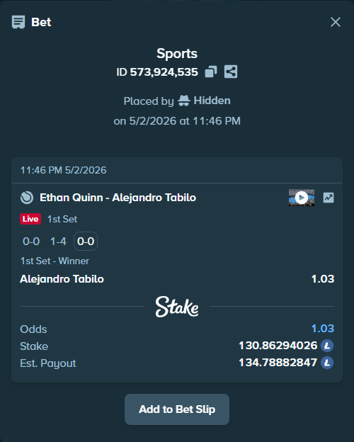 Bet slip: Ethan Quinn - Alejandro Tabilo, $17,012.18 stake at 1.03 odds, placed by Hidden