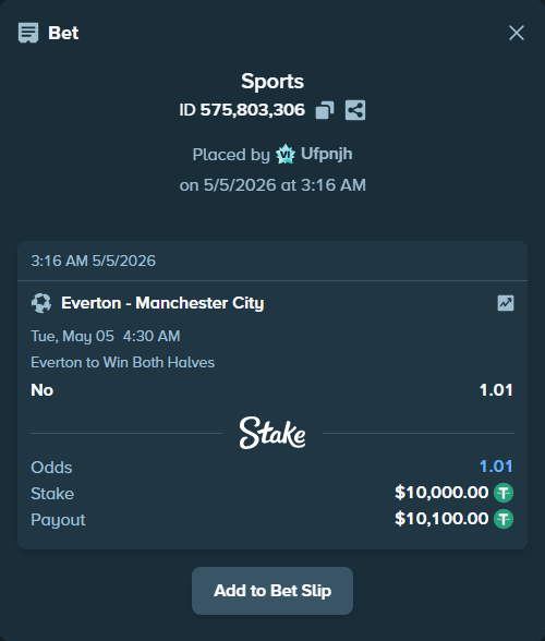 Bet slip: Everton - Manchester City, $10,000.00 stake at 1.01 odds, placed by Ufpnjh