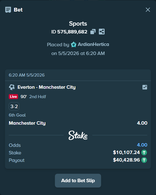 Bet slip: Everton - Manchester City, $10,107.24 stake at 4.00 odds, placed by ArdianHertica