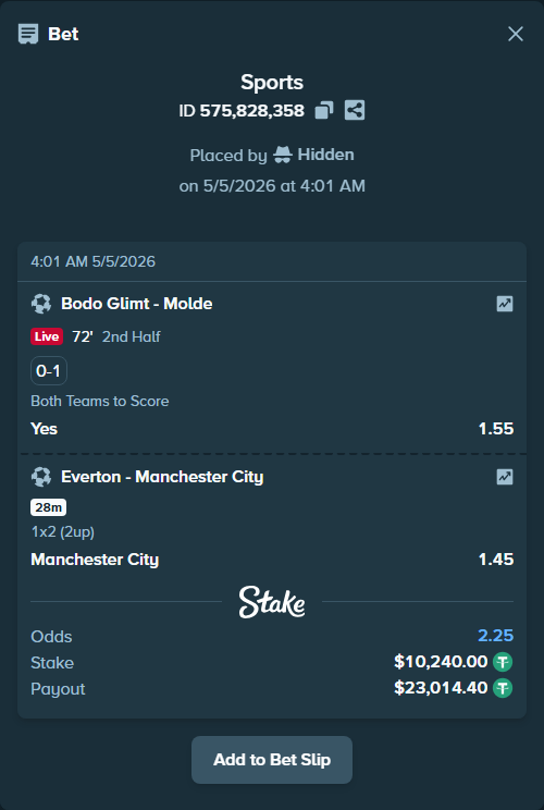 Bet slip: Everton - Manchester City, $10,240.00 stake at 1.45 odds, placed by Hidden