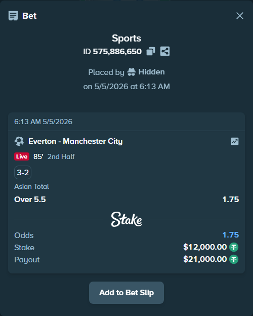 Bet slip: Everton - Manchester City, $12,000.00 stake at 1.75 odds, placed by Hidden