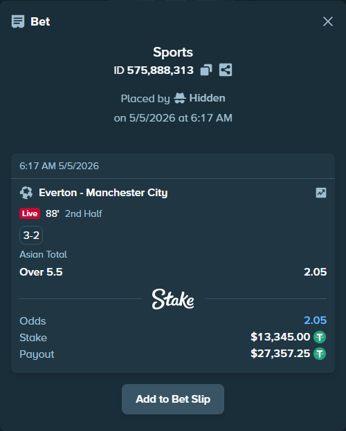Bet slip: Everton - Manchester City, $13,345.00 stake at 2.05 odds, placed by Hidden