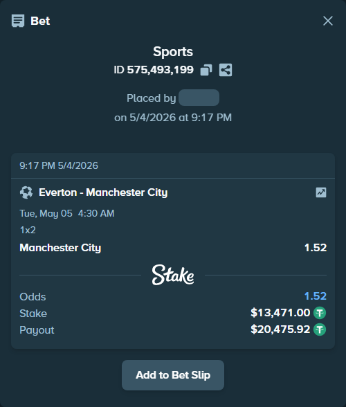 Bet slip: Everton - Manchester City, $13,471.00 stake at 1.52 odds, placed by AlexHoel