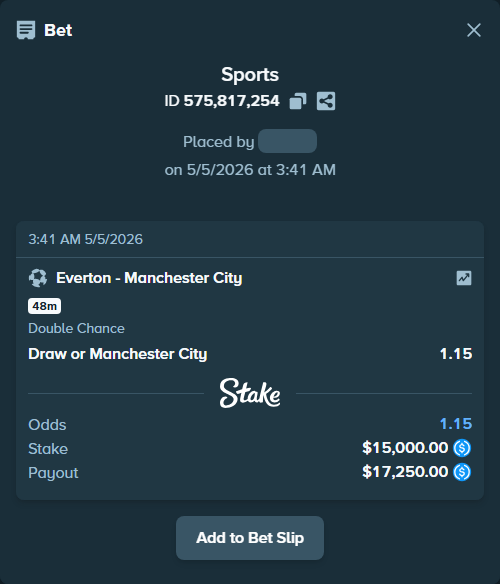 Bet slip: Everton - Manchester City, $15,000.00 stake at 1.15 odds, placed by bjellesau17