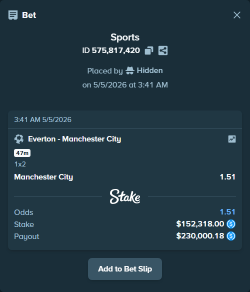 Bet slip: Everton - Manchester City, $152,318.00 stake at 1.51 odds, placed by Hidden