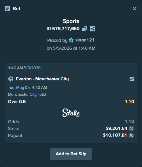 Bet slip: Everton - Manchester City, $16,557.50 stake at 1.10 odds, placed by sinan121