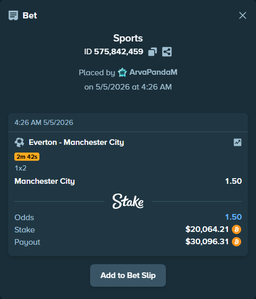 Bet slip: Everton - Manchester City, $17,500.00 stake at 1.50 odds, placed by ArvaPandaM
