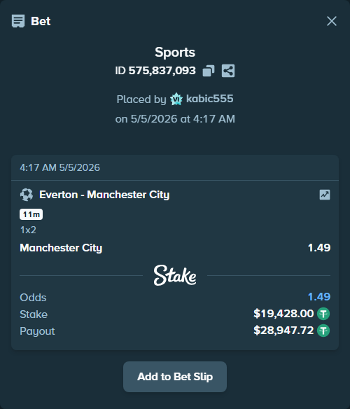 Bet slip: Everton - Manchester City, $19,428.00 stake at 1.49 odds, placed by kabic555