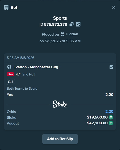 Bet slip: Everton - Manchester City, $19,500.00 stake at 2.20 odds, placed by Hidden
