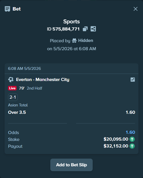 Bet slip: Everton - Manchester City, $20,095.00 stake at 1.60 odds, placed by Hidden