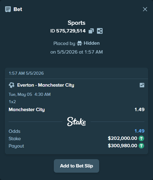 Bet slip: Everton - Manchester City, $202,000.00 stake at 1.49 odds, placed by Hidden
