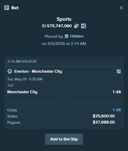 Bet slip: Everton - Manchester City, $22,310.40 stake at 1.48 odds, placed by Jossgus
