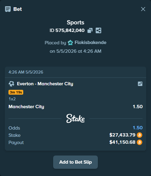 Bet slip: Everton - Manchester City, $23,927.75 stake at 1.50 odds, placed by Flokisbakende