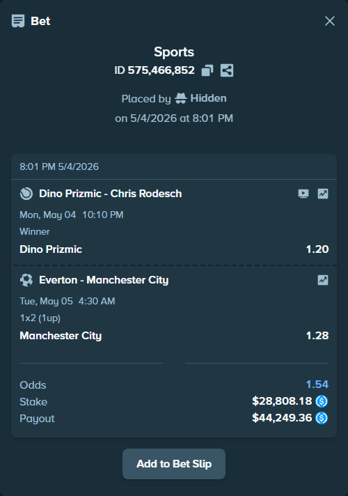 Bet slip: Everton - Manchester City, $28,808.18 stake at 1.28 odds, placed by Linaroro92