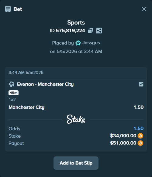 Bet slip: Everton - Manchester City, $29,535.80 stake at 1.50 odds, placed by Jossgus