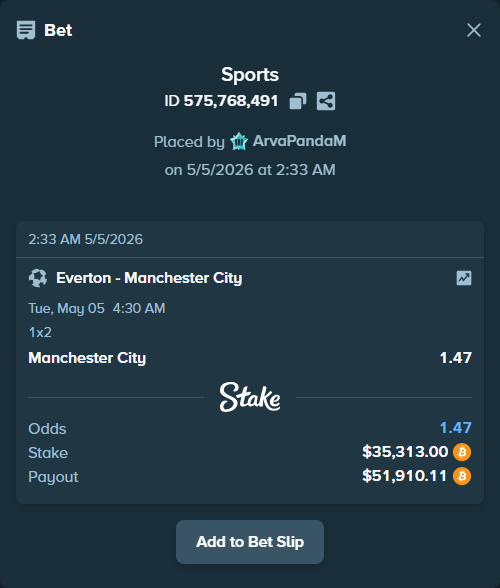 Bet slip: Everton - Manchester City, $30,800.00 stake at 1.47 odds, placed by ArvaPandaM