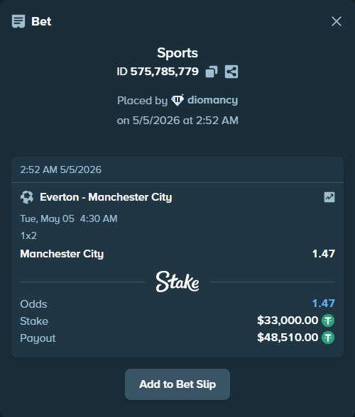 Bet slip: Everton - Manchester City, $33,000.00 stake at 1.47 odds, placed by diomancy