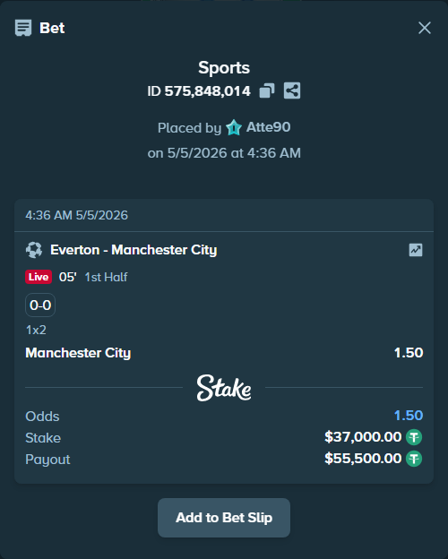 Bet slip: Everton - Manchester City, $37,000.00 stake at 1.50 odds, placed by Atte90